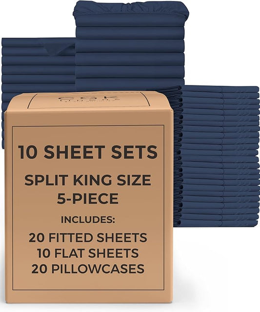 Bulk Case Pack of 10 Sheet Sets - (10) Complete Split King Size Sheet Sets with Deep Pockets - Wholesale Bulk Bedding for Hotels, Spas & Airbnbs - Breathable & Wrinkle Free - (Split King, Navy Blue)