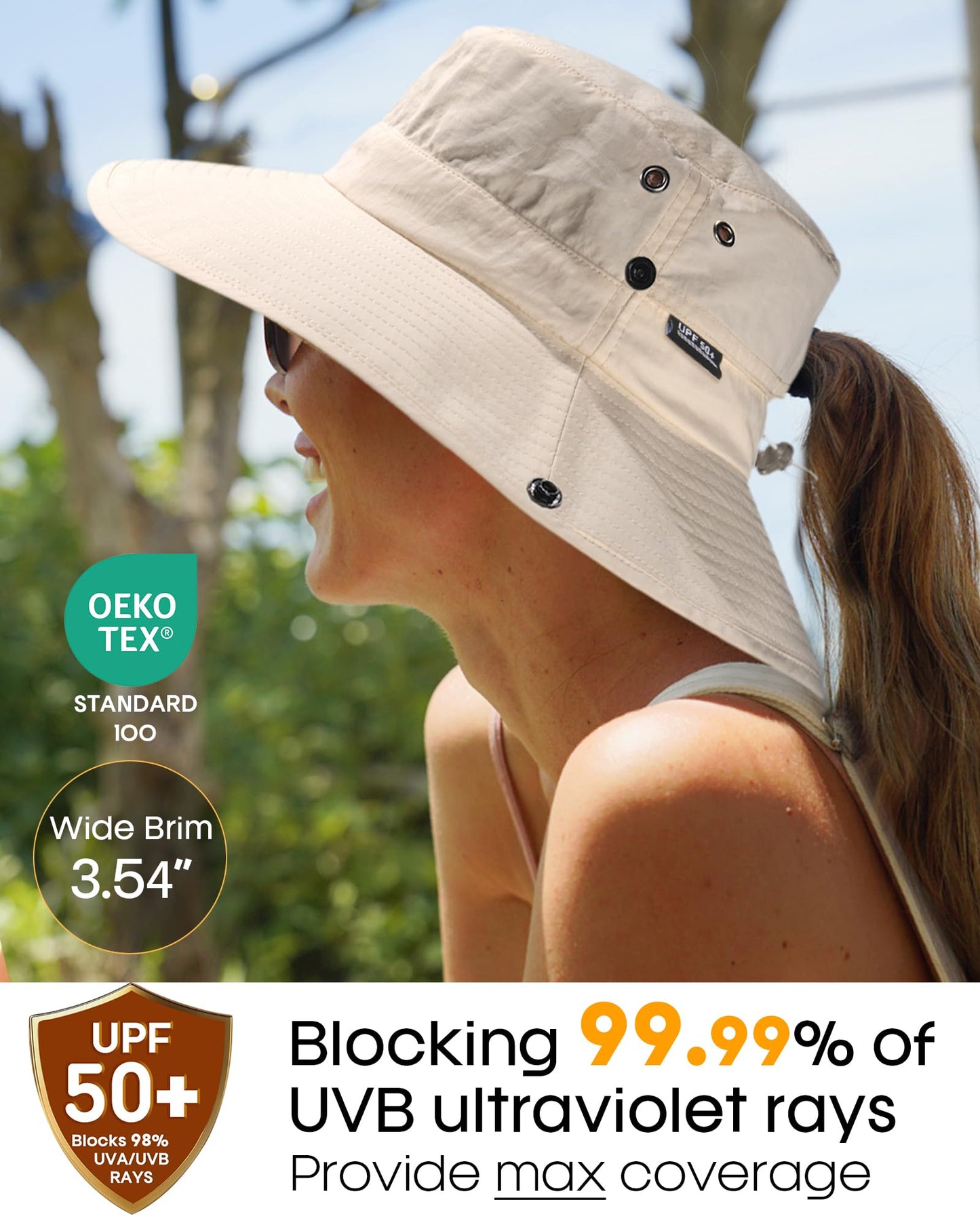 FURTALK Sun Hats for Women with Ponytail Hole Wide Brim Beach Bucket Hat UPF 50+ Fishing Hiking Outdoor Hats Beige
