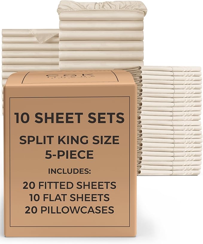 Bulk Case Pack of 10 Sheet Sets - (10) Complete Sheet Sets - Bulk Split King Bedding - Wholesale Case Pack for Hotels & Airbnbs - Deep Pocket & Wrinkle Free - Cooling & Breathable - Split King, Cream