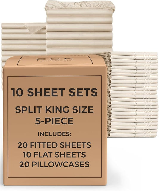 Bulk Case Pack of 10 Sheet Sets - (10) Complete Sheet Sets - Bulk Split King Bedding - Wholesale Case Pack for Hotels & Airbnbs - Deep Pocket & Wrinkle Free - Cooling & Breathable - Split King, Cream