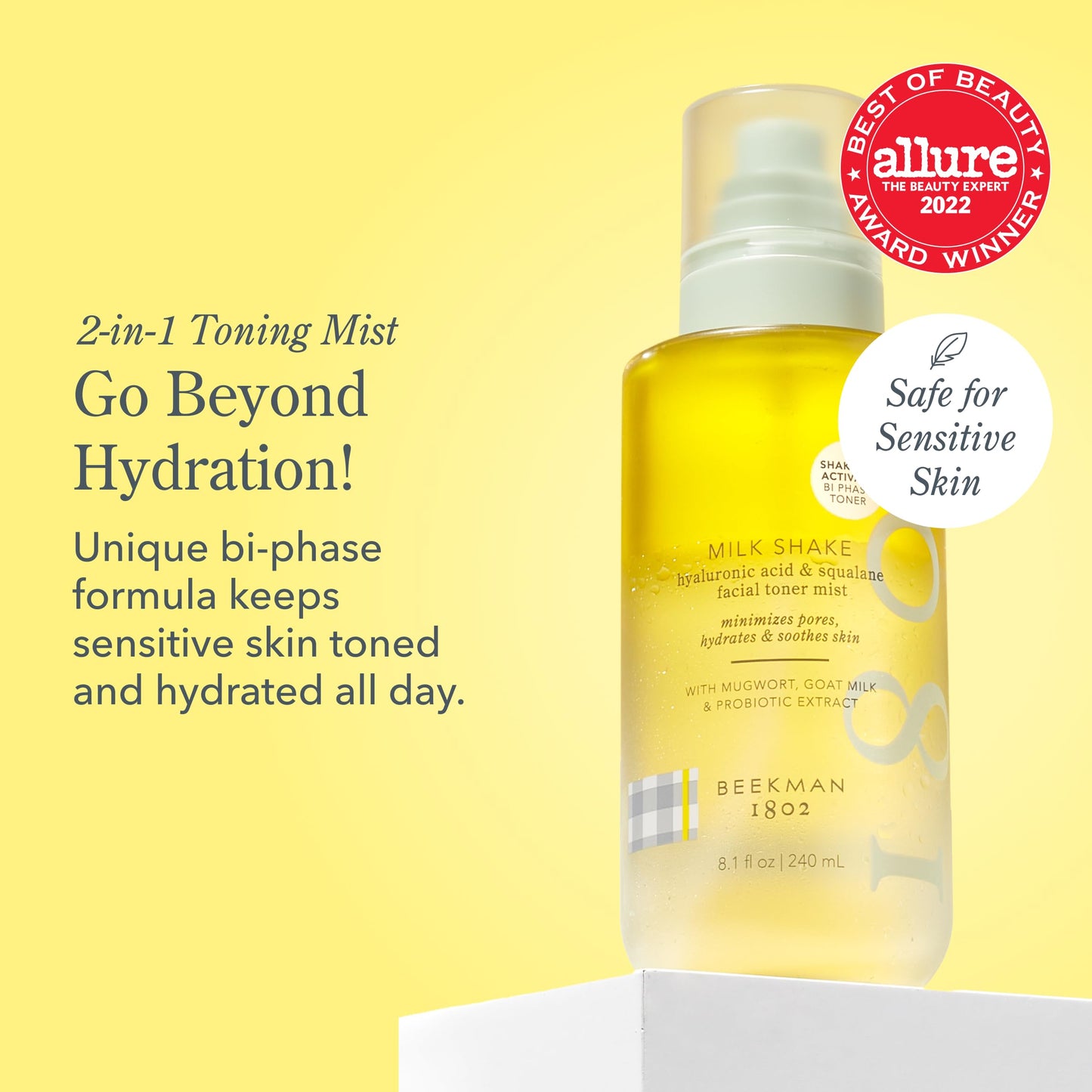 Beekman 1802 Milk Shake Hydrating Face Mist - Hyaluronic Acid & Squalane Facial Mist Minimizes Pores & Gently Moisturizes - Makeup Setting Spray - Fragrance-Free