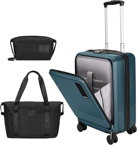 20 inch Small Carry On Luggage Front Open with Laptop Pocket, ABS+PC Hard Shell Suitcase with Spinner Wheels TSA Lock & YKK Zipper, 20in/Toiletry Bag/Handbag, Teal Blue