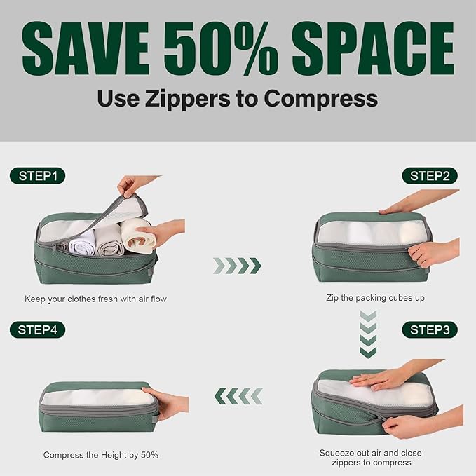 6 Set Compression Packing Cubes for Travel, Bonus Versatile Drawstring Backpack, Lightweight Luggage Organizer Bags, Sturdy Travel Accessories for Suitcase, Dark Green