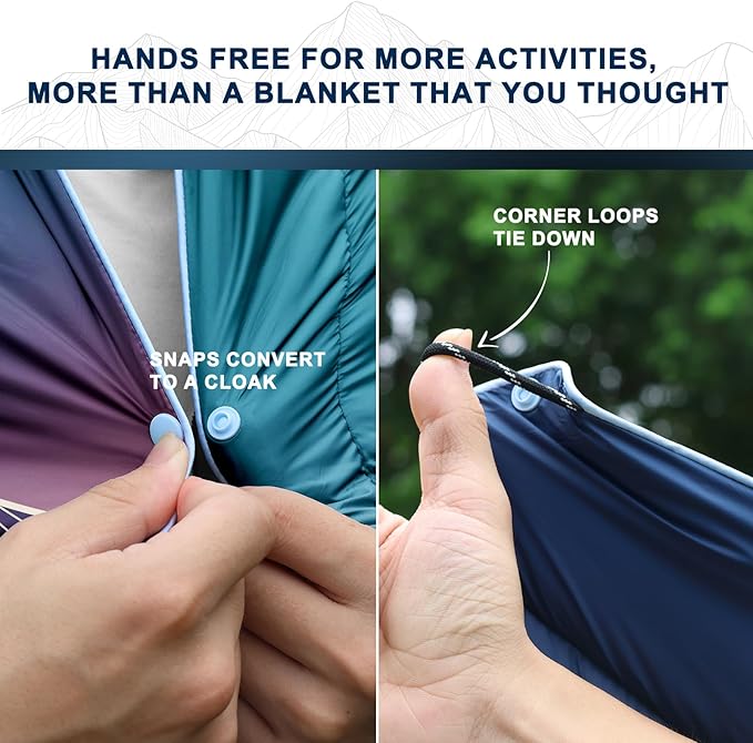 zzlamb Camping Blanket, Outdoor Lightweight Travel Blanket Puffy Portable Down Alternative, Windproof Warm Cloak with Snaps, Cozy Quilt Backpacking Picnic RV Plane Car Hammock Beach Climbing