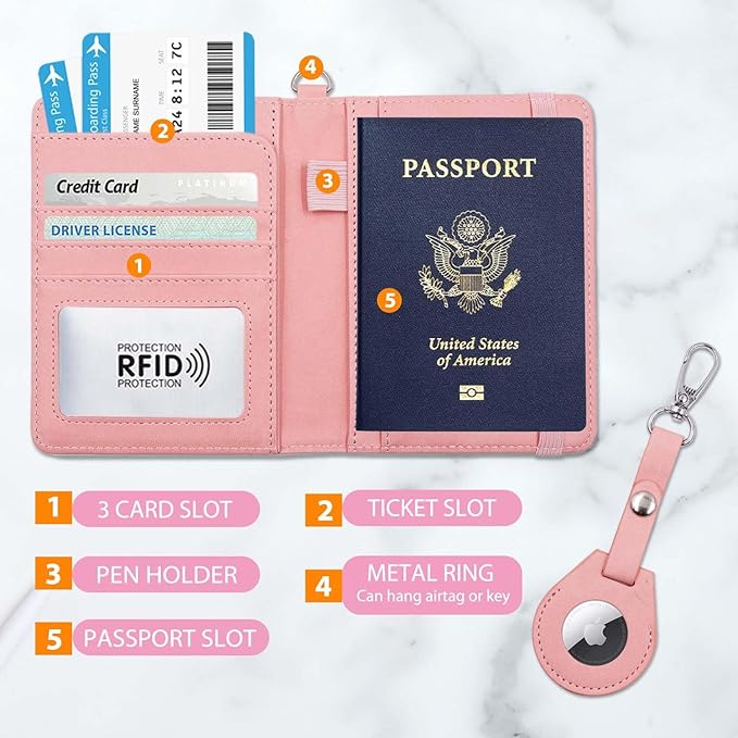 Cnycmy Passport Holder with Airtag slot,Passport-Wallet-Holder for Women,for Family, Rfid Passport Book Card Slot Waterproof, passport holder for travel (Pink1)