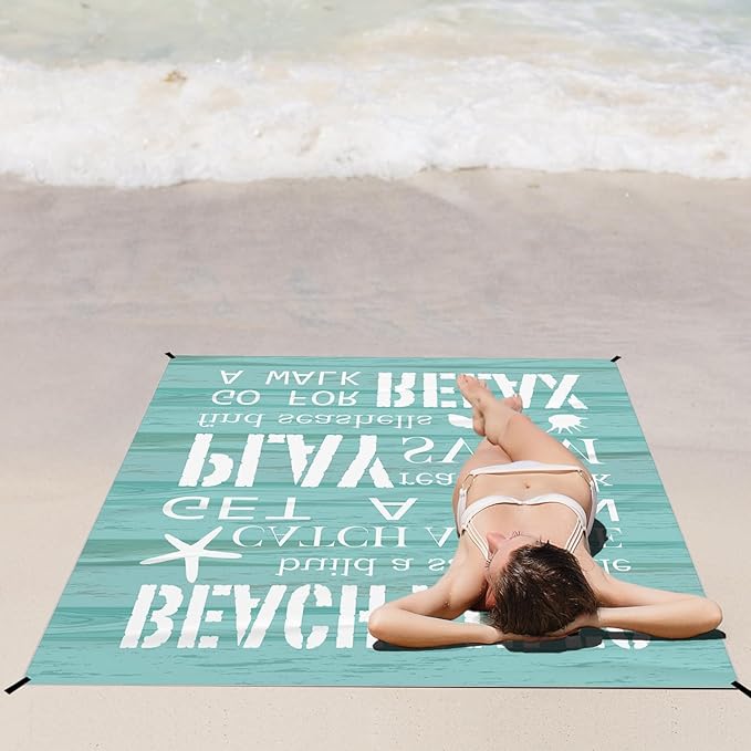Beach Rules Pocket Picnic Blankets, Blue Seashell Coastal Mini Beach Camping Blanket Waterproof Sandproof, Rustic Sea RV Outdoor Picnic Blanket Mat Gifts for Camper Campsite Travel 55x60in