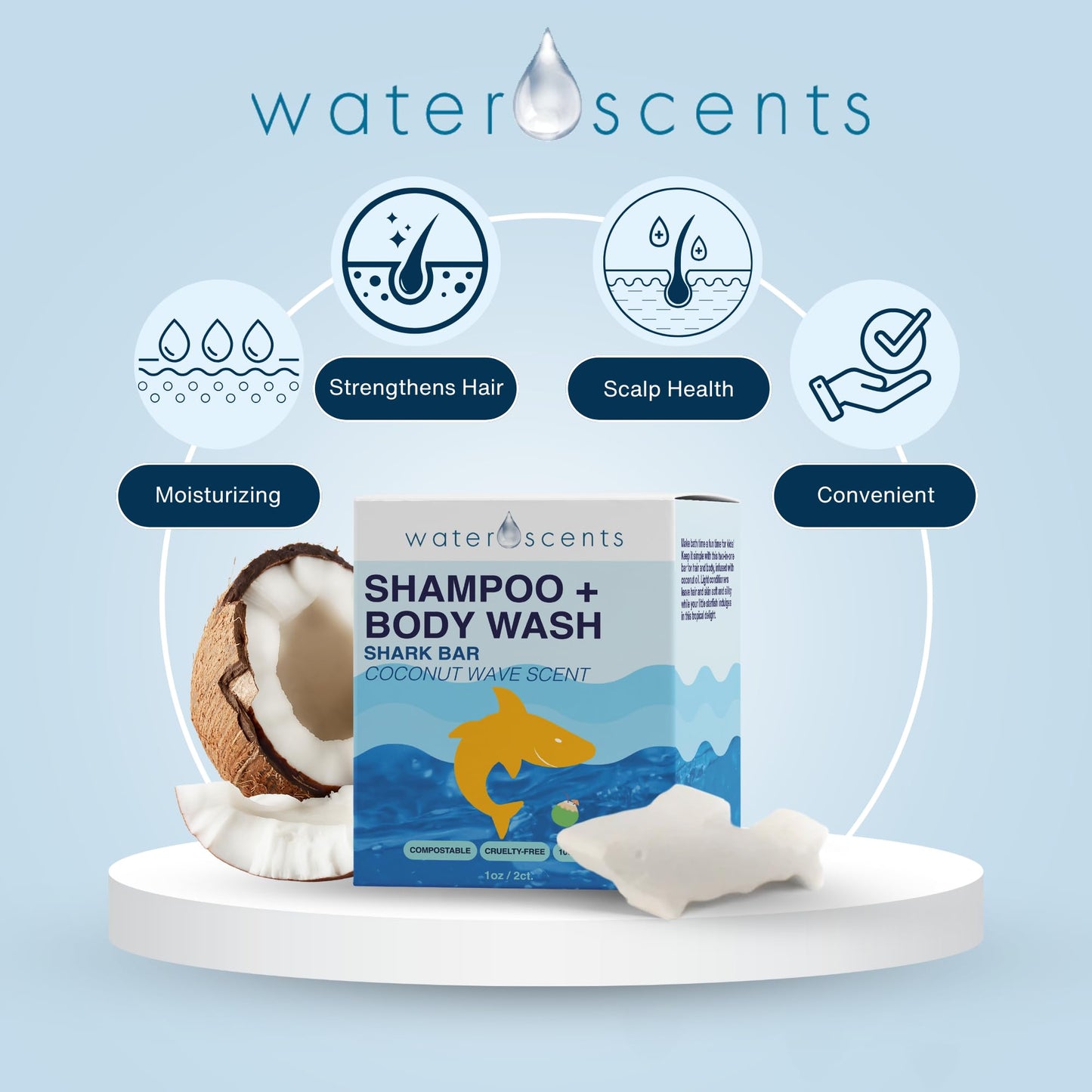 Water Scents 2-in-1 Shark Bar Shampoo & Body Wash – Coconut Wave | Natural, Vegan, Moisturizing Bar Soap for Hair & Skin | Solid, Travel-Friendly, USA Made | 6 Packs