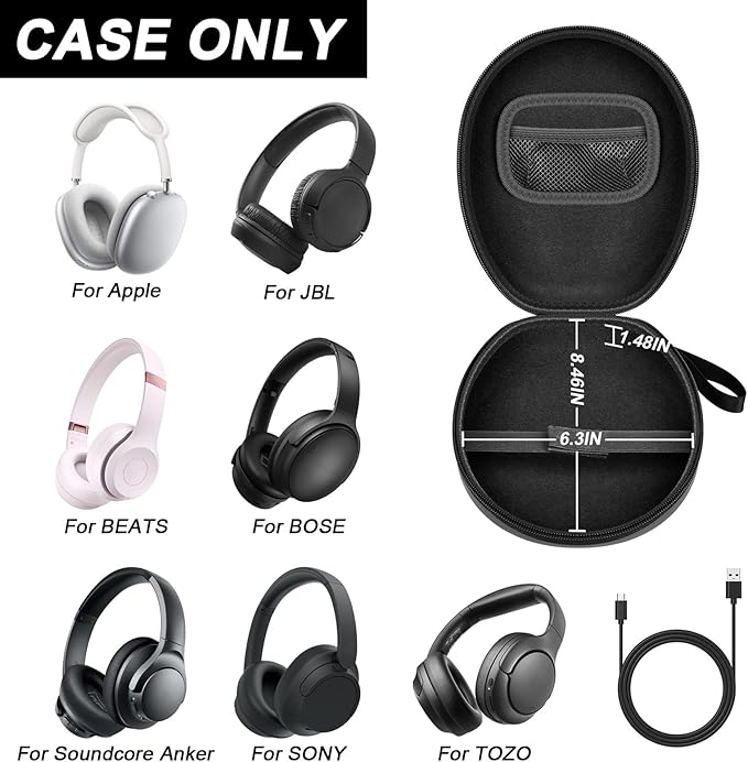 Comecase Universal Headphone Case Comepatible with JBL Tune 510BT 720BT / for Sony WH-CH 720N/WH-CH520/ for Soundcore Q20/Q30/ for Beats Etc, Travel Carrying Box for Bluetooth Wireless Headset -Black
