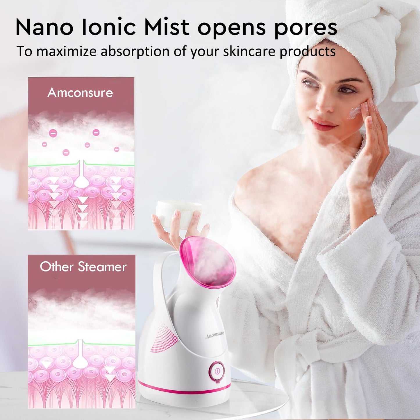 Amconsure Facial Steamer - Nano Ionic Face Steamer Warm Mist Steamer for Home Sauna SPA, Humidifier for Face Steamer for Deep Cleaning Unclogs Pores Sinuses - Bonus 5 Piece Stainless Steel Skin Kit