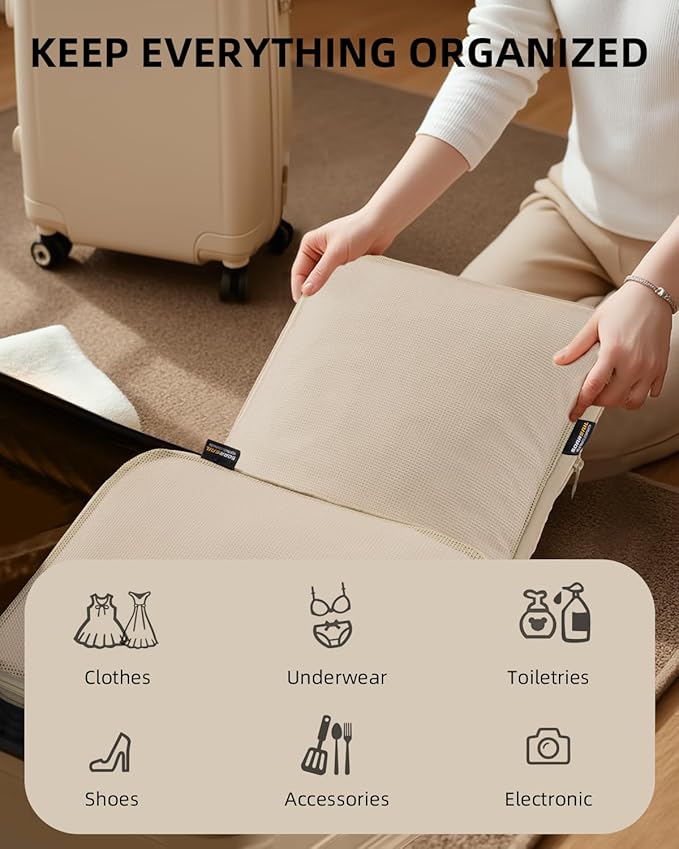 Compression Cubes for Travel, XL/L/M/S Luggage Organizers (6 Set, Classic Khaki)