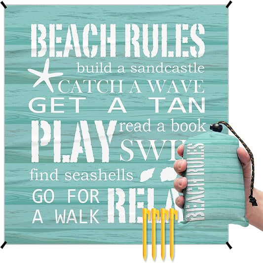 Beach Rules Pocket Picnic Blankets, Blue Seashell Coastal Mini Beach Camping Blanket Waterproof Sandproof, Rustic Sea RV Outdoor Picnic Blanket Mat Gifts for Camper Campsite Travel 55x60in