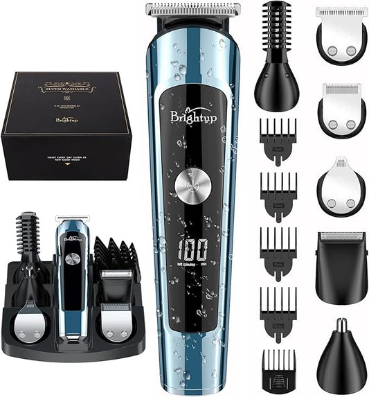 Brightup Beard Trimmer for Men, IPX7 Waterproof Mens Grooming Kit with Cordless Hair Clippers, Electric Razor with LED Display, Shavers for Mustache, Body, Face, Ear, Nose Hair Trimmer, Gifts for Men