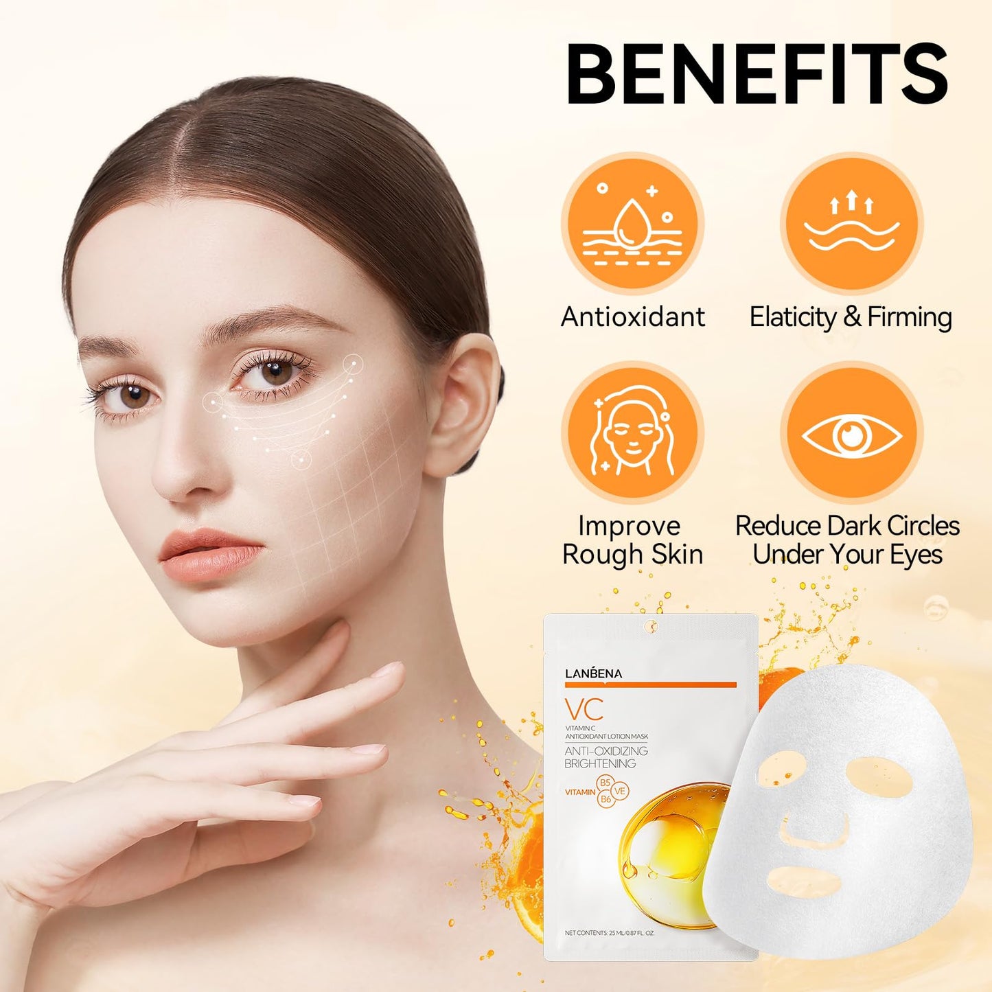 LANBENA VITAMIN C Hydrating Sheet Masks Brightening Firming Anti Aging - Overynight Hydrating Face Mask for All Skin Types Moisturizing Spa Skincare -1 Pack
