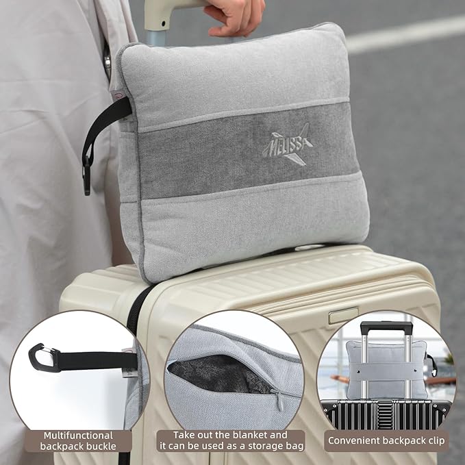 Melissa Large Travel Blanket and Inflatable Pillow Set - 69“ x 43.3” – Soft Blanket with Carry Bag – Lightweight, Compact & Washable for Backpacking, Hiking, Car, Airplane, Office, Camping (Gray)