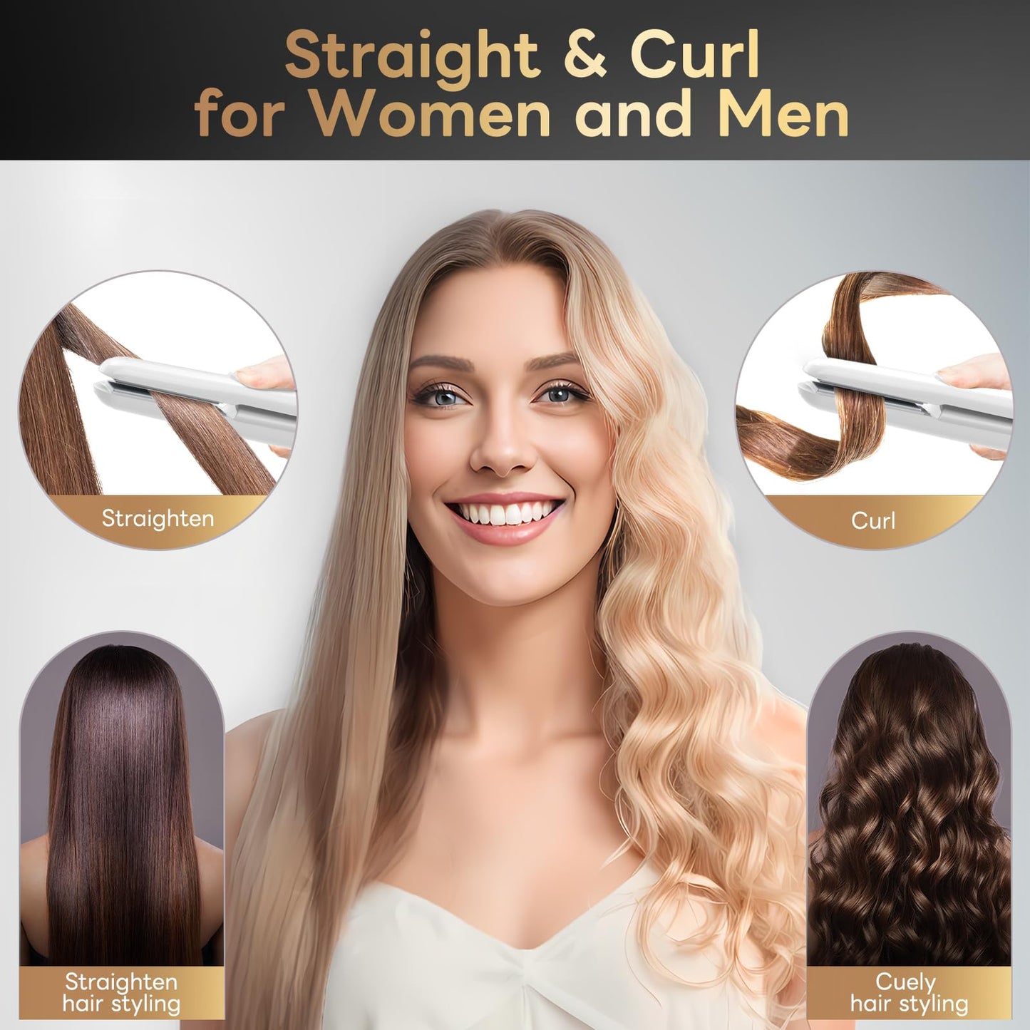 Cordless Hair Straightener 2 in 1 Mini Curler and Flat Iron Ceramic Portable USB Rechargeable Travel Hair Styler for Women Men with Pouch(White)