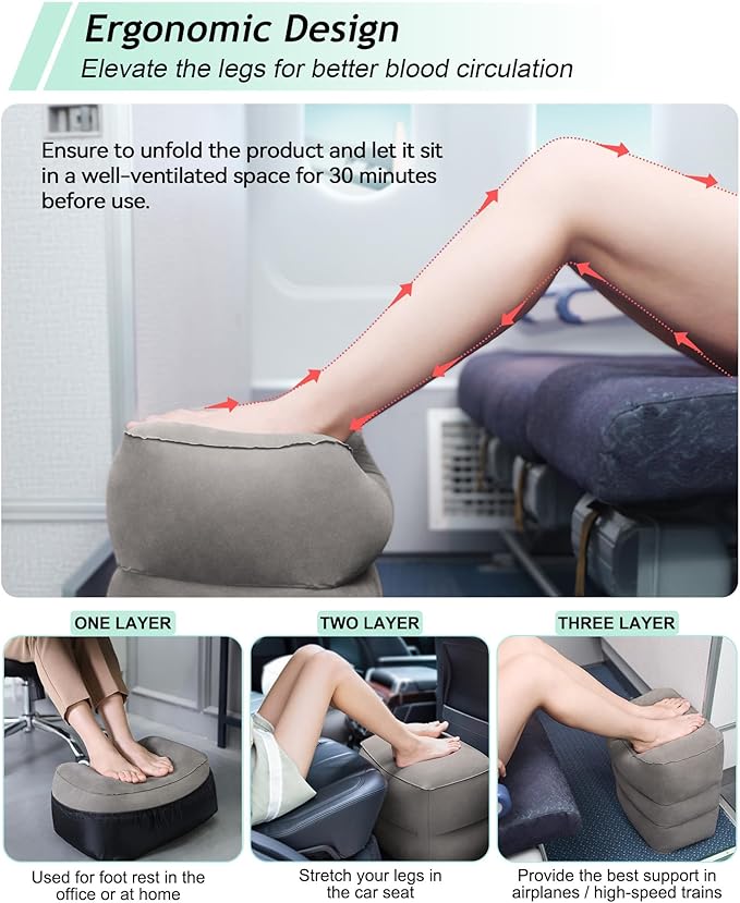 JefDiee Inflatable Foot Rest Pillow, Kids Airplane Bed, Adjustable 3 Layers Height Leg Rest Pillow, Airplane Travel Essentials Great for Office, Home, Trains, Cars