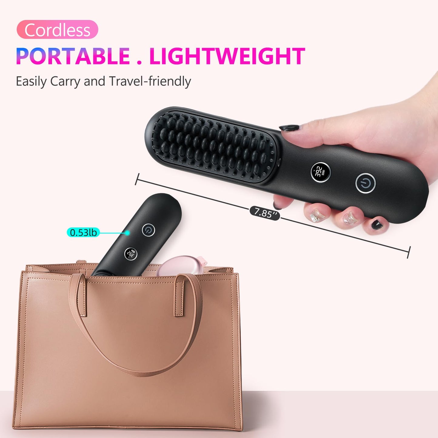 STUDLLY LCD Screen Cordless Hair Straightener Curler 2 in 1, Portable Mini Hair Straightening Brush for Travel Negative Ionic Fast Heating Hot Comb for Women, Folding Brush with Mirror, Black