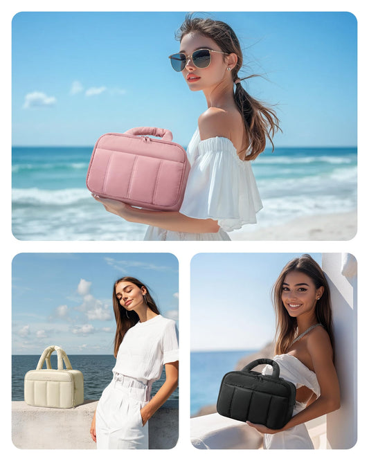 BAGSMART Travel Toiletry Bag, Puffy Large Toiletry Bag for Women, Lightweight Cosmetic Makeup Bag Organizer with Handle for Traveling, Accessories, Essentials, Toiletries （Beige