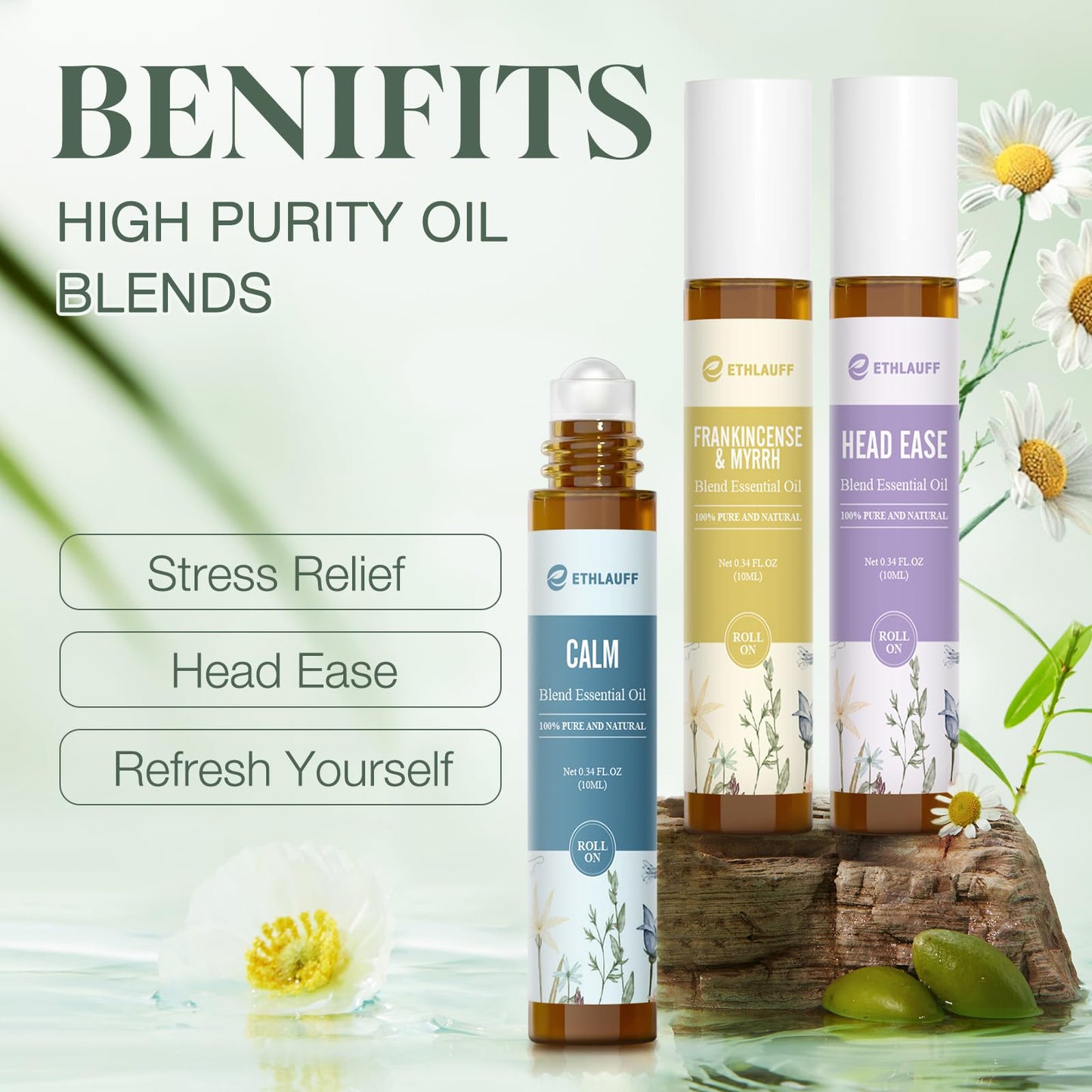 Ethlauff Essential Oil Roll On Set, (Calm,Renew,Dream,Head Relief), Aromatherapy Roll On Blends for Massage, Body Care & Home Use, Stress Relief Gift Men & Women