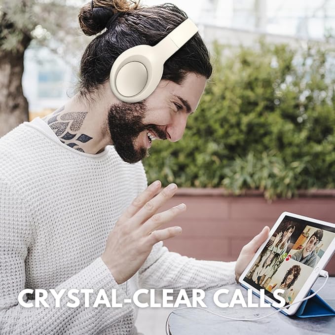 Beige Noise Cancelling Headphones Wireless,Bluetooth Headphones Over Ear, Wireless Headsets with Mic,60H Playtime,Deep Bass Memory Foam Ear Cups,Lightweight for Travel,Home,Gym