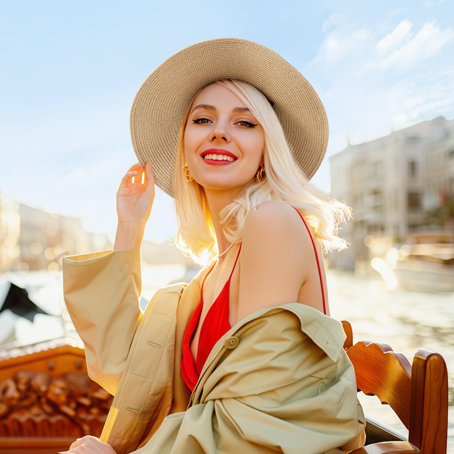 Sun Beach Hats for Women, Wide Brim Womens Straw Hat with Chin Strap, Foldable Beach Hats UV Protection