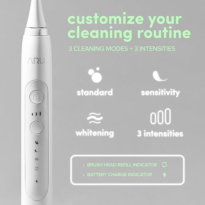 ARU Sonic Toothbrush Starter Kit with Customizable Modes and 2 Minute Timer, ADA-Approved Electric Toothbrush for Adults, Soft Toothbrush for Gums, 45+ Days Battery, Travel Case, Arctic White
