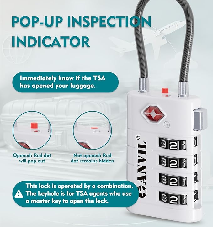 ANVIL 4 Digit Luggage Locks, TSA Locks for Luggage, Advanced TSA008 core, Alert Indicator for Your Travel Lock, Suitcase Lock. (3, White)