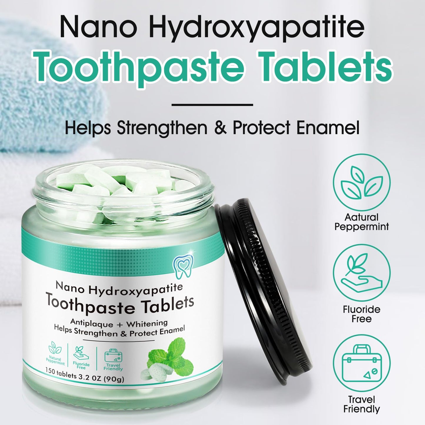 Toothpaste Tabs 150pcs, Nano Hydroxyapatite, Flouride Free Toothpaste Tablets, Freshens Breath, Peppermint Flavored Strengthen Teeth, Eco & Travel Friendly