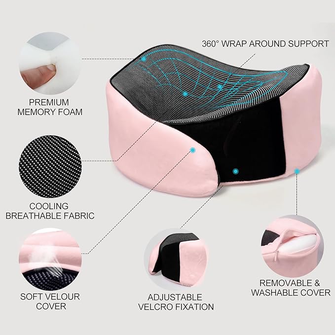 Travel Neck Pillow Airplane, Travel Pillow for Sleeping, Chin Support Flight Pillows, Ergonomic Design Memory Foam Pillows for Car, Soft Neck Surround Pillow (Pink)