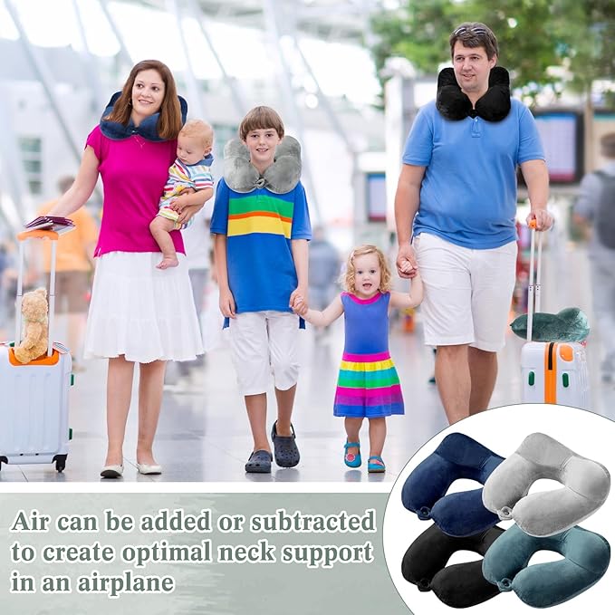 Sintuff 4 Sets Inflatable Travel Pillows for Airplanes with Compact Bag and Blindfold Velvet Inflatable Neck Pillow for Traveling Head Support U Shaped Flight, 12 x 12 x 5.5 Inch(Multi Color)