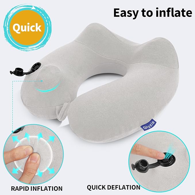Inflatable Travel Neck Pillow for Airplane, Head Support Velvet Adult Neck Pillow for Long Flight, Kit with Eye Mask, Earplugs and Storage Bag,1, Light Gray