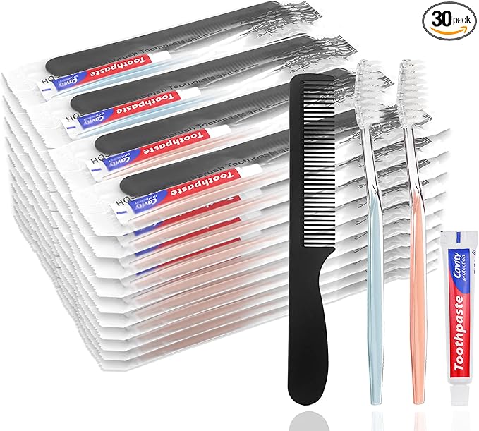 30pcs Disposable Toothbrushes with Toothpaste and Comb Individually Wrapped,10g Toothpaste,7inch Black Comb, Toothbrush for Homeless, Hotel,AirBnb