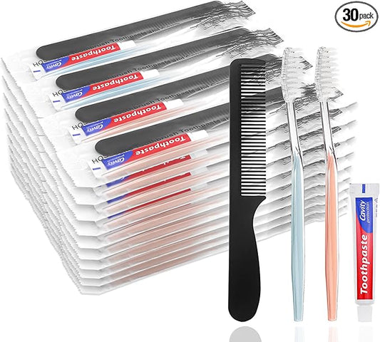 30pcs Disposable Toothbrushes with Toothpaste and Comb Individually Wrapped,10g Toothpaste,7inch Black Comb, Toothbrush for Homeless, Hotel,AirBnb