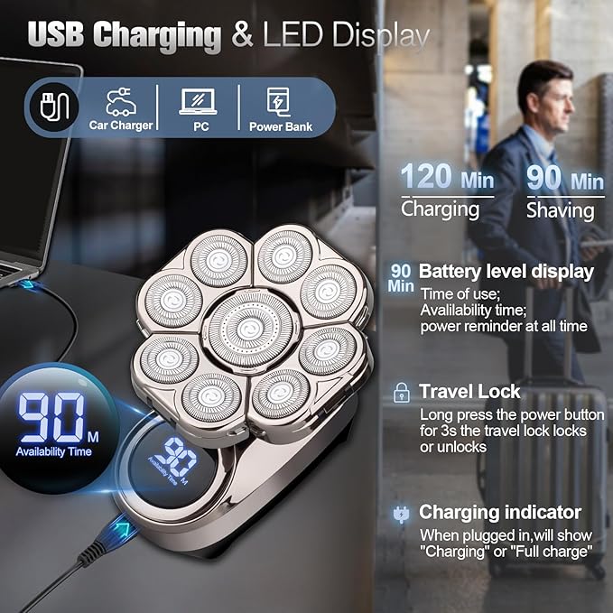 9D Electric Head Shaver for Bald Men, Upgraded 5-in-1 Head Shaver for Bald Men, Waterproof Wet/Dry Grooming Kit Electric Shaver for Men, Cordless Rechargeable Bald Head Razor for Home&Travel