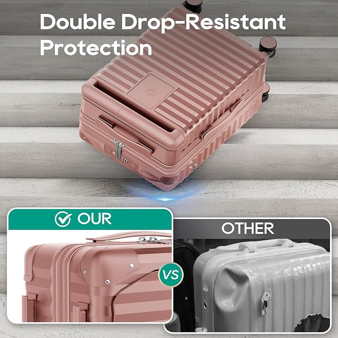 Joyway 20 Inch Carry on Luggage with Front Pocket, PC Hardshell Carry-on Suitcase with USB Port and Cup Holder, 21.5x14.2x9 Airline Approved, Luggage with Spinner Wheels and TSA Lock (Rosa Gold)