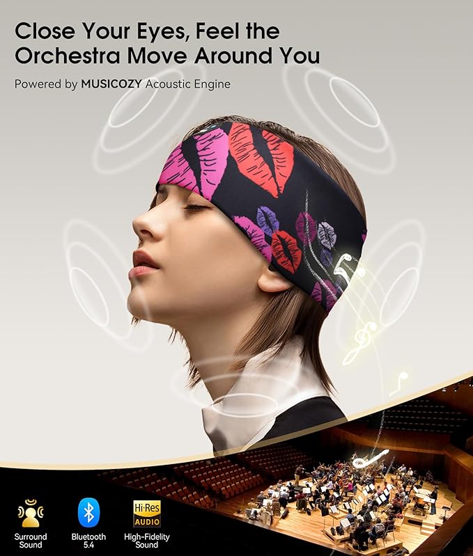 MUSICOZY Sleep Headphones Bluetooth 5.4 Headband, Wireless Earphones Music Sleep Earbuds Sleeping Eye Mask with HD Stereo Speakers for Workout Running Travel Yoga, Ideal Gifts for Women Men