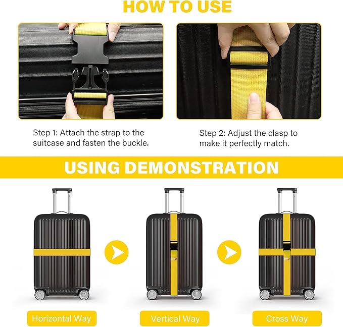 BILIONE 4 Pack Luggage Straps 79" Long Belts Keep Suitcase Secure While Traveling, TSA Approved Add a Bag Premium Accessory for Travel Bag Closure (2PCS Yellow + 2PCS Black)