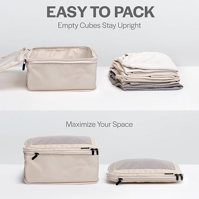 Compression Packing Cubes for Travel - Luggage Organizer Bags - Double Zipper Packing Cubes for Suitcases (4-Pack, Beige)