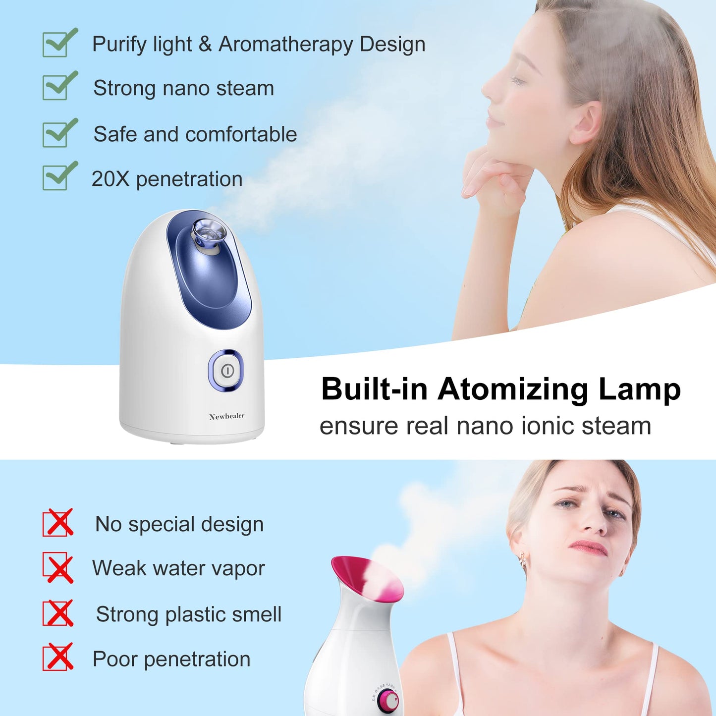 Newbealer Facial Steamer, Mini Aroma Face Steamer, Nano Ionic Hot Mist Face Humidifier for Facial Deep Cleaning, Home Sauna Spa Sprayer with 9 Pieces Acne Remover Kit (Blue, 160ml)
