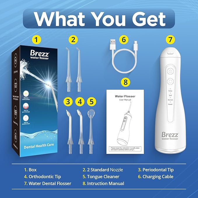 Brezz Water Dental Flosser Pick:Professional for Teeth Cleaning,4 Modes Cordless, Rechargeable IPX 7Waterproof,300ML Large Tank,Electric,Portable Home Travel,5Tips Flossing,Powerful Battery (White)