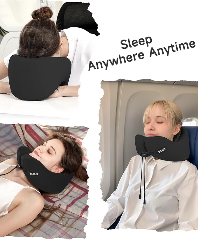 Travel Pillow – Neck Pillow Airplane, Travel Pillows for Airplanes, Airplane Travel Accessories with Eye Mask, Earplugs, Ergonomic Memory Foam Neck Pillow for Sleeping, Flights, Cars, Office (Black)