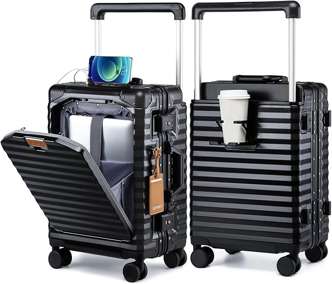 Joyway 20 Inch Carry on Luggage with Aluminium Frame and Front Pocket, PC Hardshell Suitcase with USB Port and Cup Holder, 21.5x14.2x9 Airline Approved, Luggage with Spinner Wheels and TSA Lock(Black)