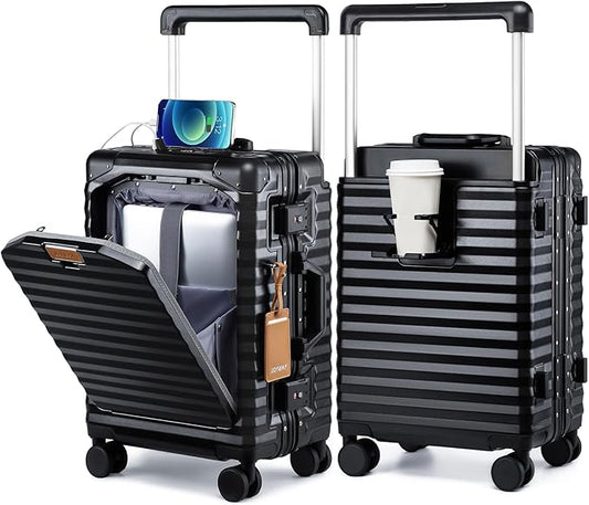Joyway 20 Inch Carry on Luggage with Aluminium Frame and Front Pocket, PC Hardshell Suitcase with USB Port and Cup Holder, 21.5x14.2x9 Airline Approved, Luggage with Spinner Wheels and TSA Lock(Black)
