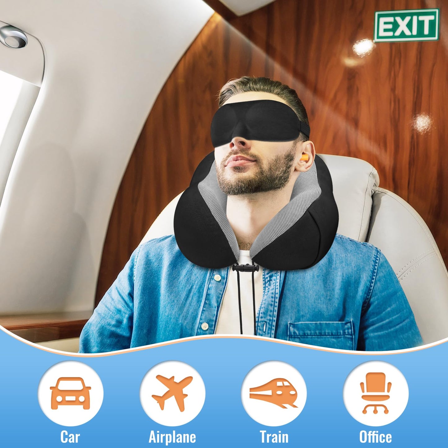 CloudBliss Travel Pillow Premium Memory Foam, Comfortable & Supportive Neck Pillow, Sleeping Neck Pillows for Travel, Airplane Pillow for Sleeping Airplane, Car, Office and Home（Black）