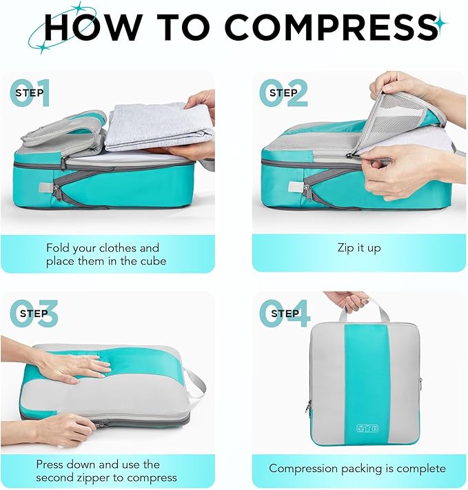 8 Set Compression Packing Cubes for Travel Essentials,Compressible Expandable Packing Cubes for Suitcase,OlarHike Luggage Organizer Bags for Travel,Handy Helper for Organizing Clothes(Blue Green)