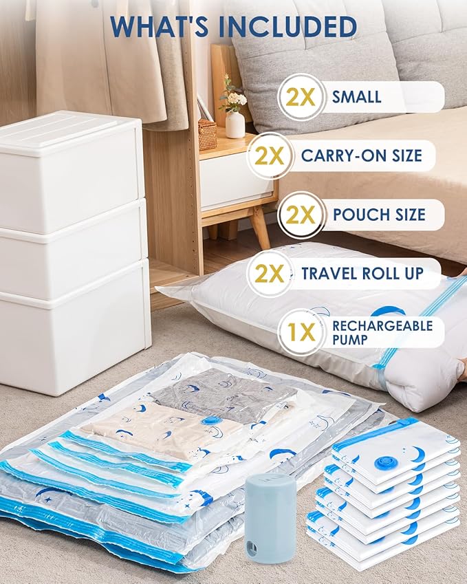 Vacuum Storage Bags with Electric Pump, 8 Pack Vacuum Sealed Bag with 1500mAh Rechargeable Battery for Clothes, Blanket, Duvets, Pillows, Comforters, Travel