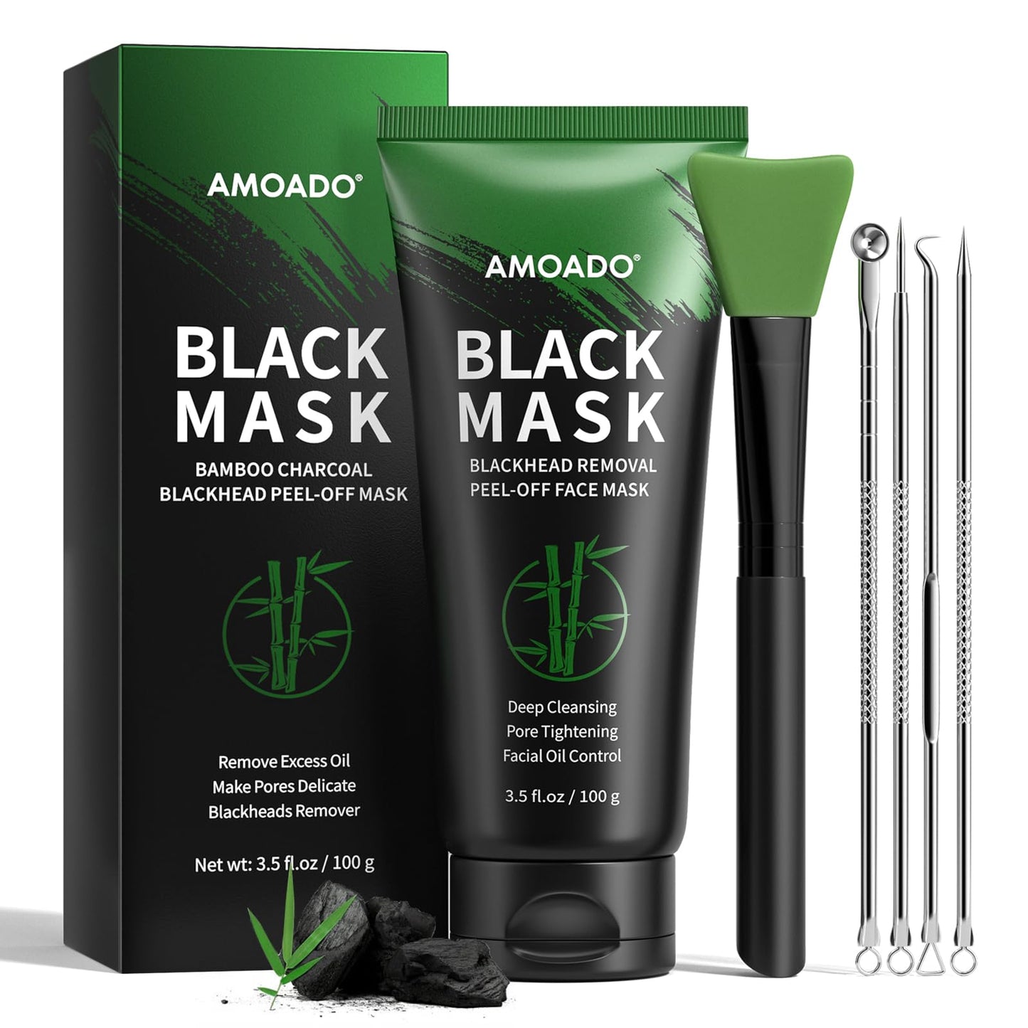 AMOADO Blackhead Remover Mask, Charcoal Peel Off Face Mask Kit, (100g) Deep Pore Cleans,Oil Control, Blackheads Removal Peel Off Black Mask for Men & Women – Includes Brush,Extractor Tool