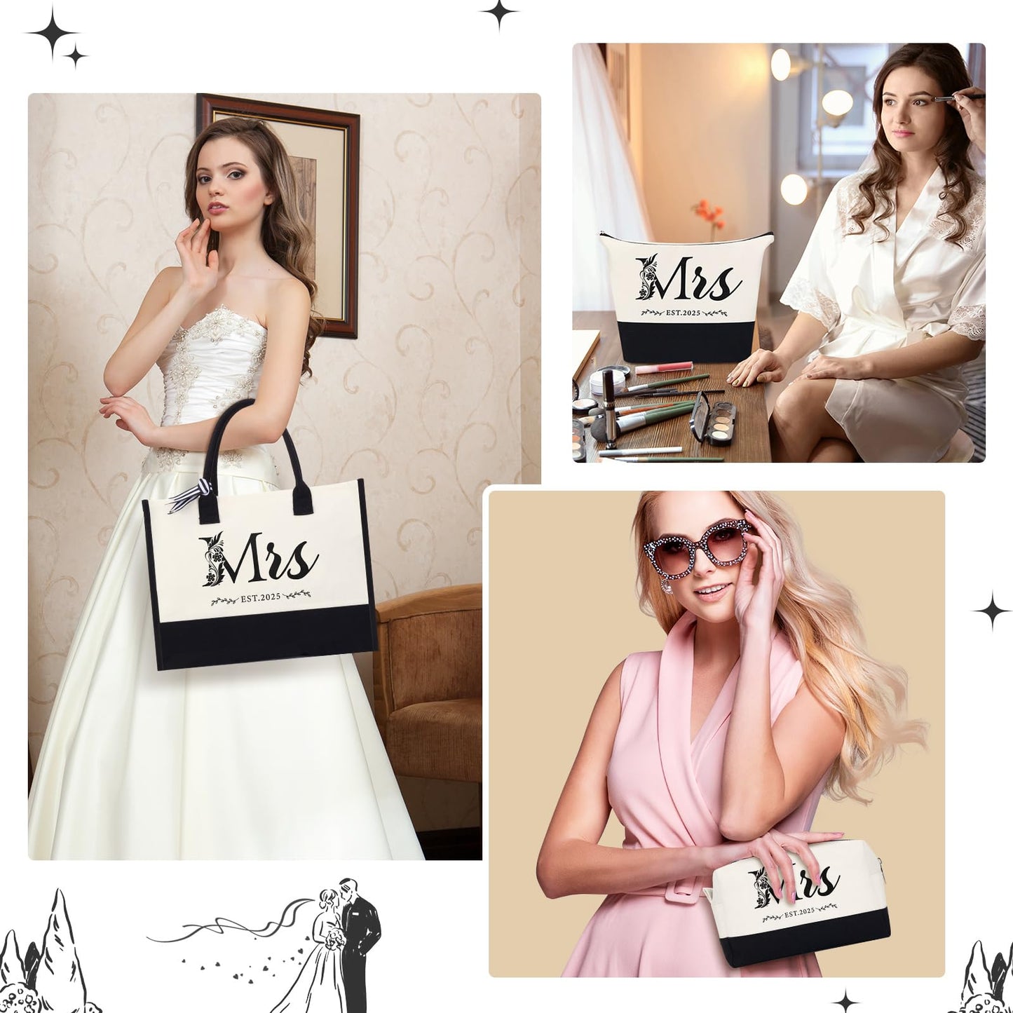 HOMIEE 3PCS Bride Canvas Tote Bag, Wedding Gifts for Bridal Shower Bachelorette Party Engagement Honeymoon Miss to Mrs (Mrs 2025)
