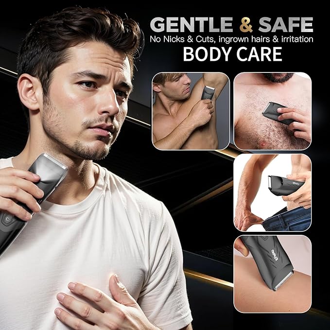 2-in 1 Body Hair Trimmers for Men, Pubic Groin Hair Trimmer for Men with Dual-Head Trimmer & Foil Blade, Electric Ball Trimmer Razors w/Light, Charging Dock, Waterproof Body Groomer Shaver Kit