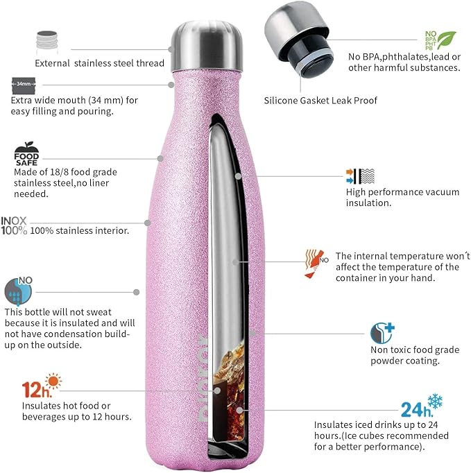 BJPKPK Insulated Water Bottles 17oz Stainless Steel Sports Water Bottles Keep Cold for 24 Hours and Hot for 12 Hours,BPA Free,Glitter Pink